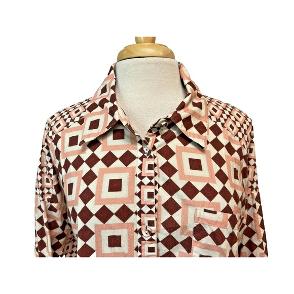 VRG GRL Button Up Shirt/Tunic Cotton Brown Pink Diamond Print Long Sleeve SZ 14 - Picture 4 of 14